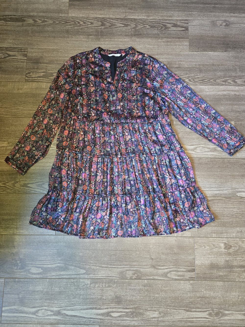Soft Surroundings Dress Womens L Dark Floral Castille Ruffle Tunic Boho Cottage